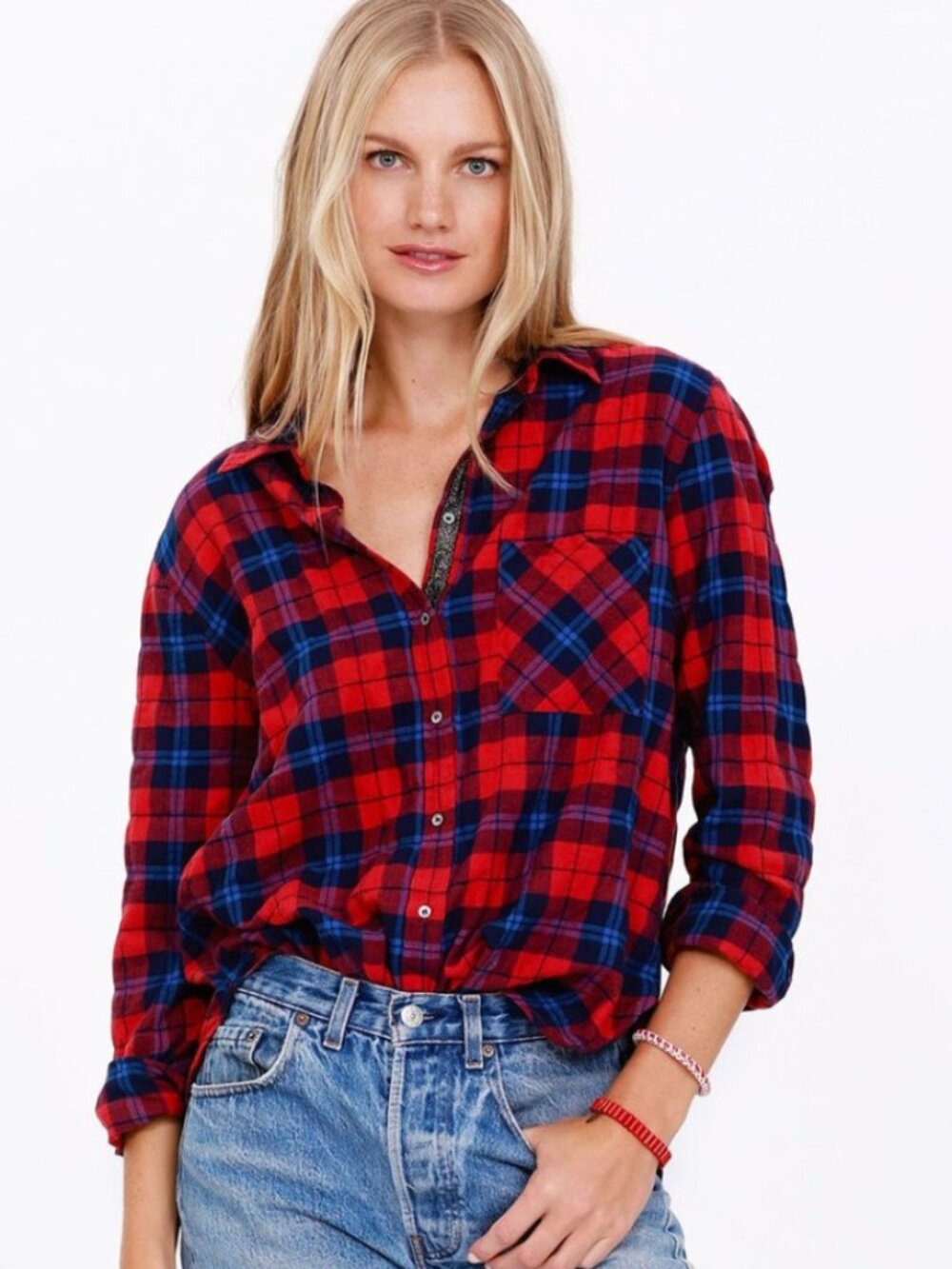 Xirena Ashton Plaid Button down in Patina red blue small